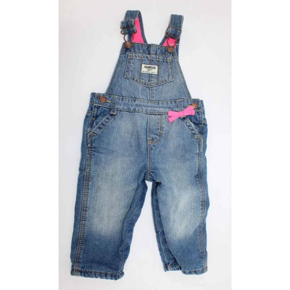 Oshkosh Girls 12 Month Blue Denim Overalls Fleece Lined Pink Bibs